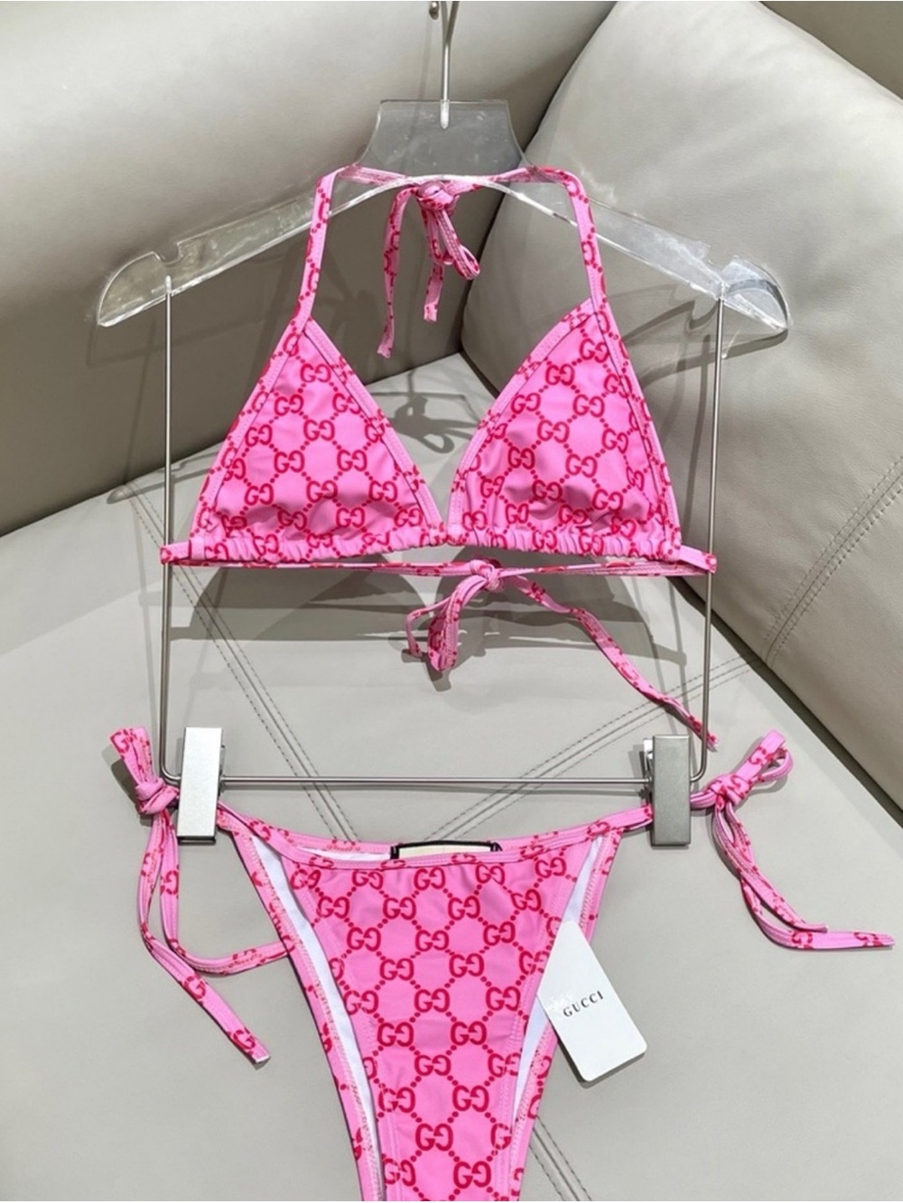 Gucci Hot Pink GG Logo Tie Triangle Bikini